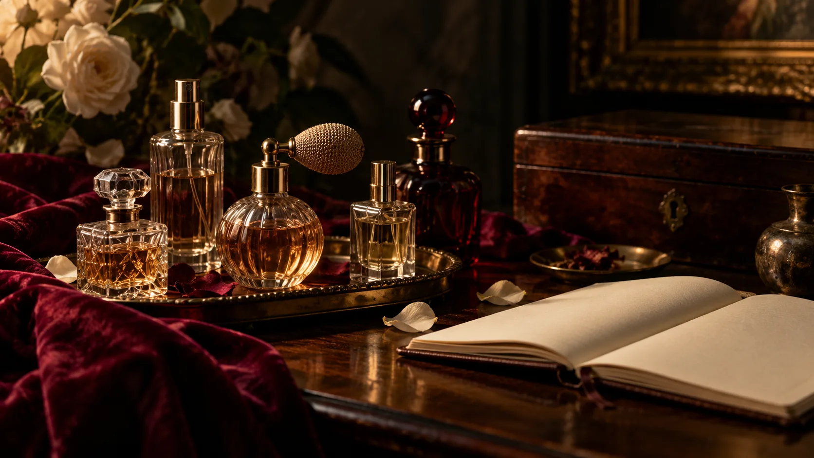 Generic glass fragrance bottles in an archival still life