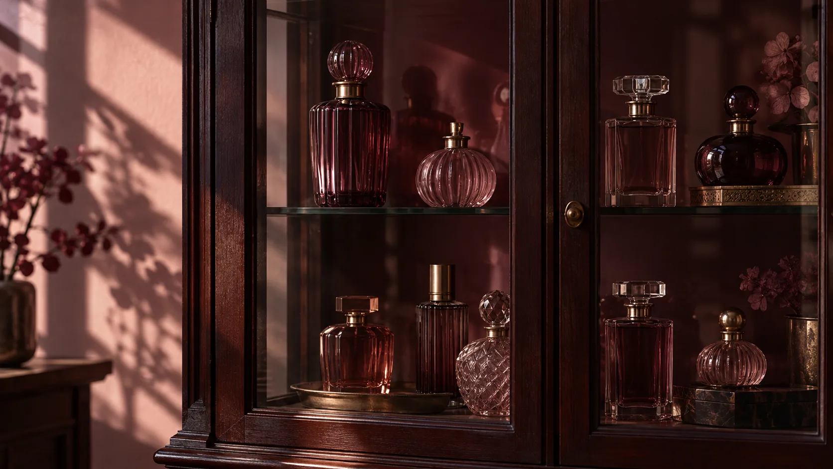 Generic fragrance bottles inside a shaded glass-front cabinet