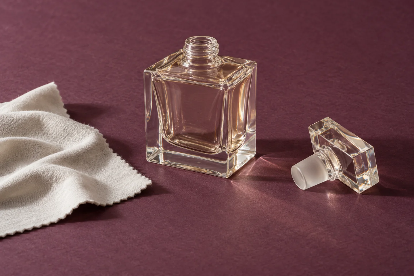 Generic perfume bottle and detached cap on plum archive paper