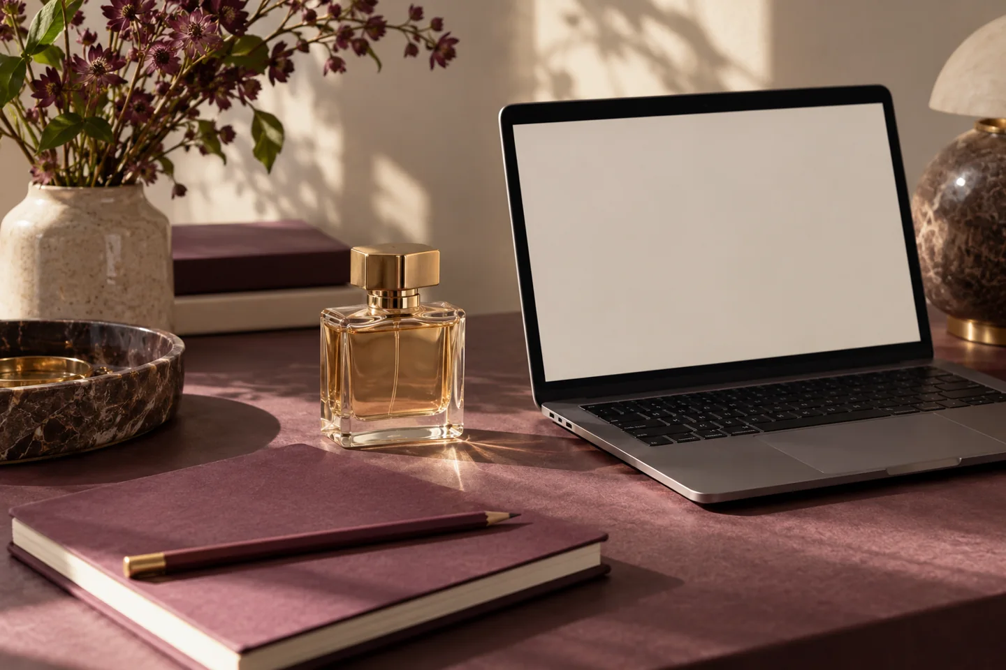 Generic perfume bottle beside a blank laptop screen and archive notebook