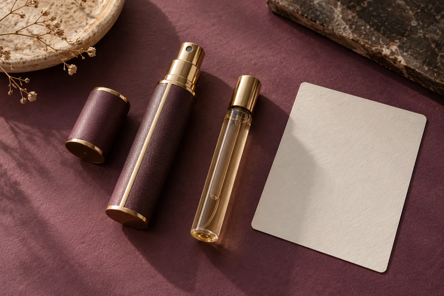 Generic travel atomizer outer holder and separate sealed refill cylinder on archive paper