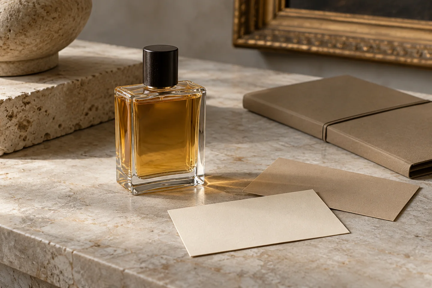 Generic perfume bottle beside two blank archival cards and a simple closed folder