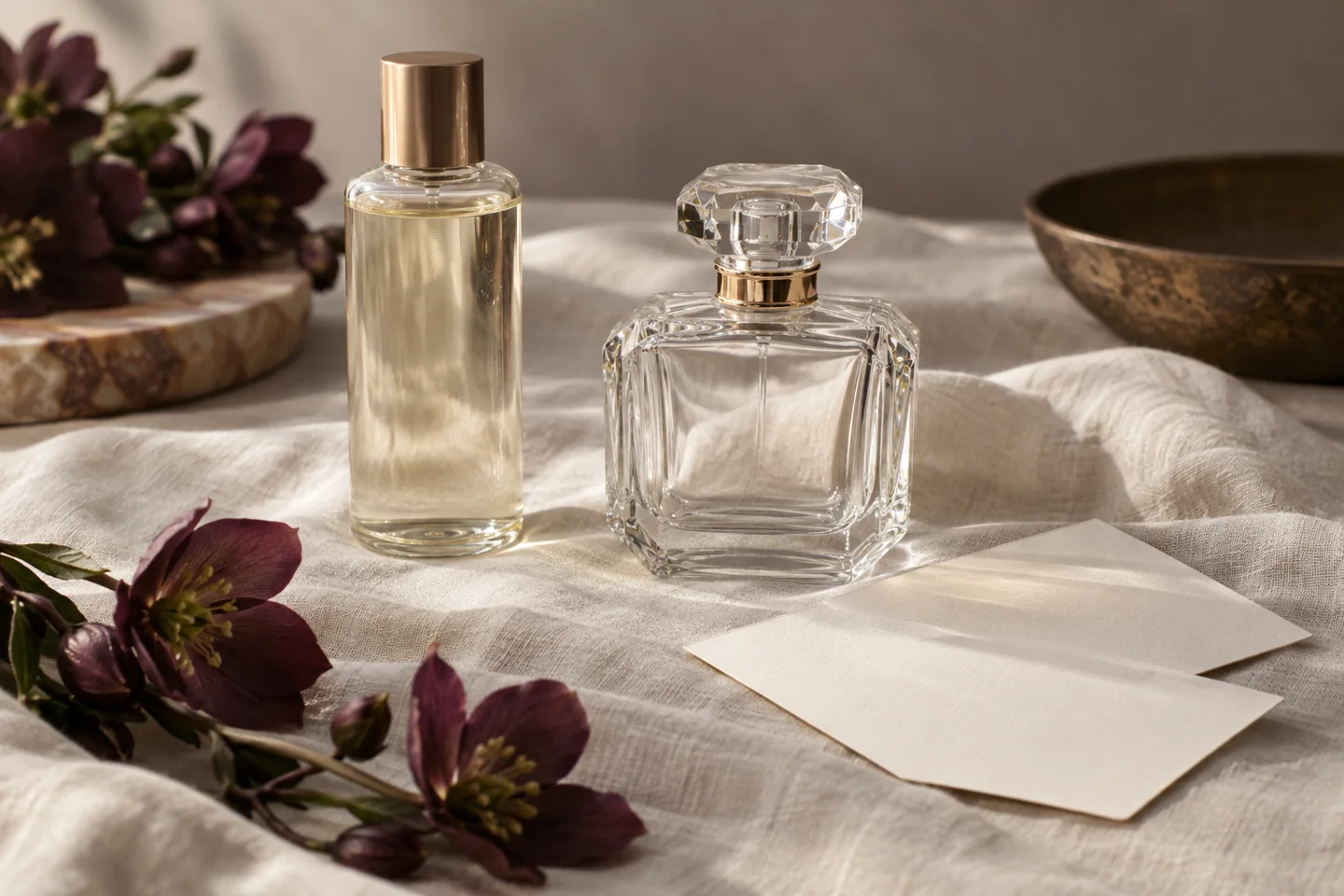 Separate generic refill and decorative perfume bottles with blank archive cards